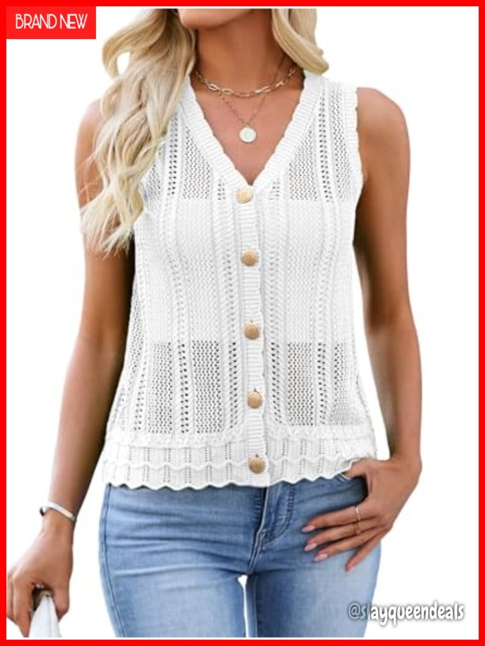 Crochet V Neck Sweater Vest Sleeveless Button Down Knit Tank Top